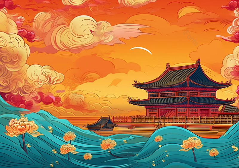 荷花计划浪花水浪故宫宫殿国潮中国风祥云天空浪漫背景,插画/手绘图,插画/手绘图库,插画/手绘图下载,插画/手绘